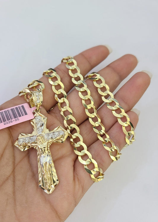 Real 14k Solid Gold Chain Jesus Cross Pendant Set Cuban Curb Chain 6mm Charm