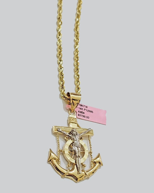 Solid 14k Gold Rope Chain Necklace Jesus Anchor Charm Pendant 20" Inch 4mm 14KT