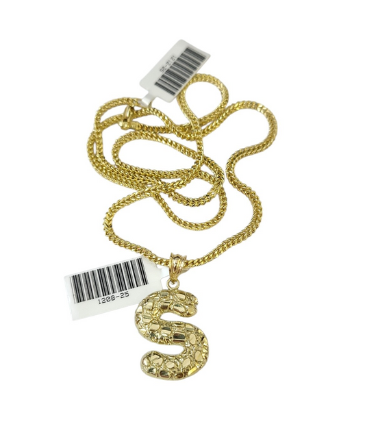 10k Gold Franco Chain 2.5mm 16"-26" S Nugget Initial Charm Pendant Necklace SET