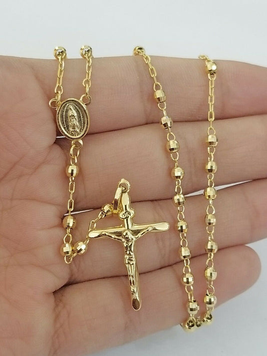 Real 14k Yellow Gold Rosary Necklace Women 16" Jesus Crucifix Diamond Cut Solid