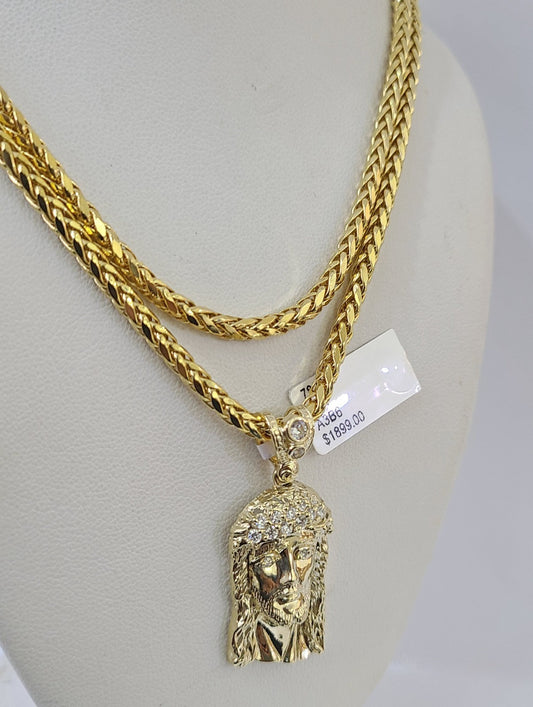 REAL 10k Yellow Gold Palm Chain Jesus Head Pendant Charm 3mm SET Necklace