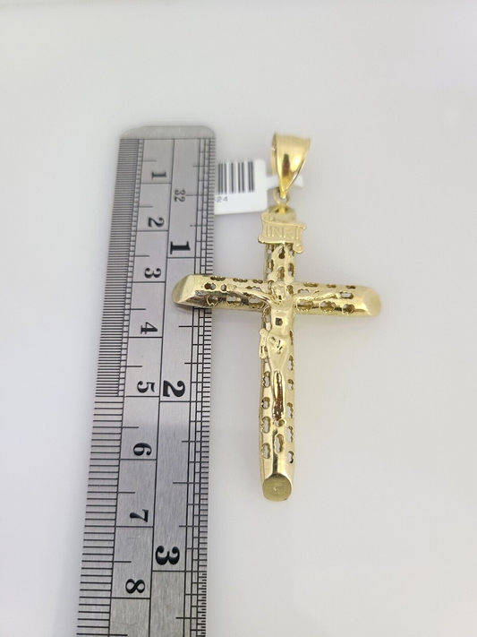 10k Yellow Gold Franco Chain INRI Cross Charm Pendant 4mm 18-28 Inches Necklace