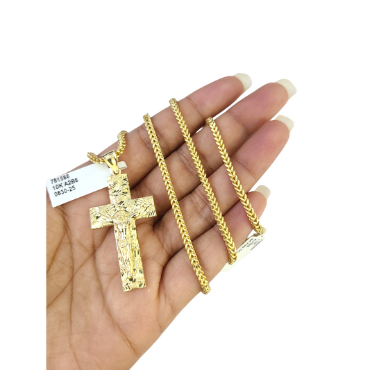 Real 10k Gold Franco Necklace Chain Nugget Cross Charm 2.5mm 18"-26" Pendant SET
