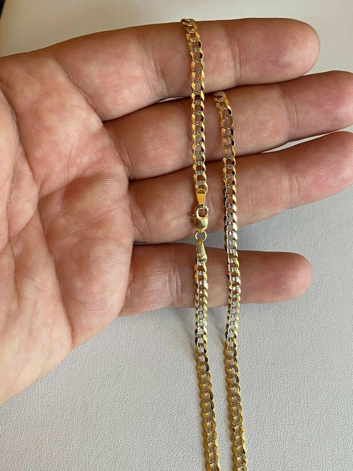 Solid 14k Diamond Cut Two Tone Gold Curb Cuban Link Chain 22" 4mm Necklace