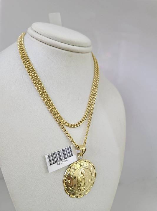 10k Gold Miami Cuban Chain Virgin Mary Charm Pendant 3mm 18-28in Necklace Set