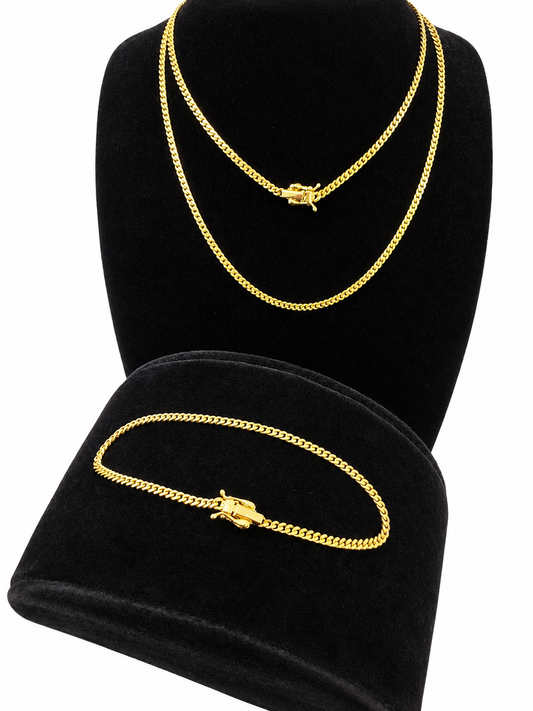 10k Solid Gold Miami Cuban Chain Bracelet Set 2mm Men Women Necklace