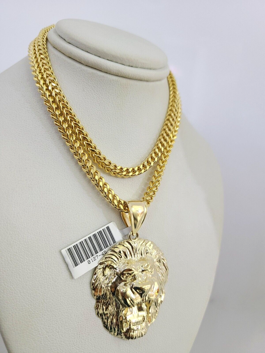 10k Yellow Gold Franco Chain Roaring Lion Charm Pendant 4mm 18-28 Inch Necklace