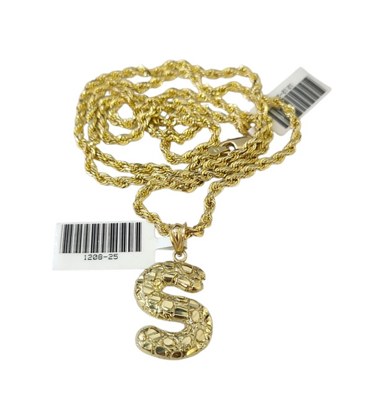 Real 10k Rope Chain S Initial Charm 3mm 18"-28" Necklace Nugget Set Pendant Gold