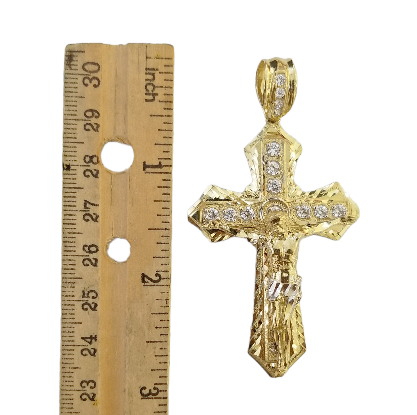 Real 10k Yellow Gold Jesus Cross Charm pendant 3.75" With cubic Zirconia for Men