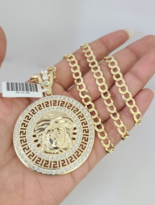 10k Gold Solid Cuban Curb Chain Necklace Medusa Head Pendant Set 6mm 20"-30"