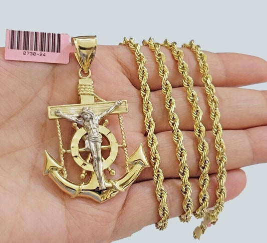 Solid 14k Gold Rope Chain Necklace Jesus Anchor Charm Pendant 20-30" Inches 4mm