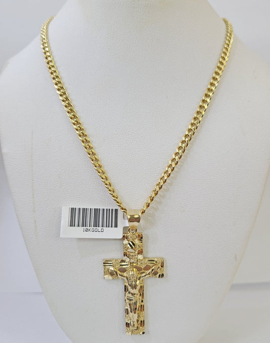 10k Nugget Cross Miami Cuban Chain 4mm 22 inch SET Necklace Pendant