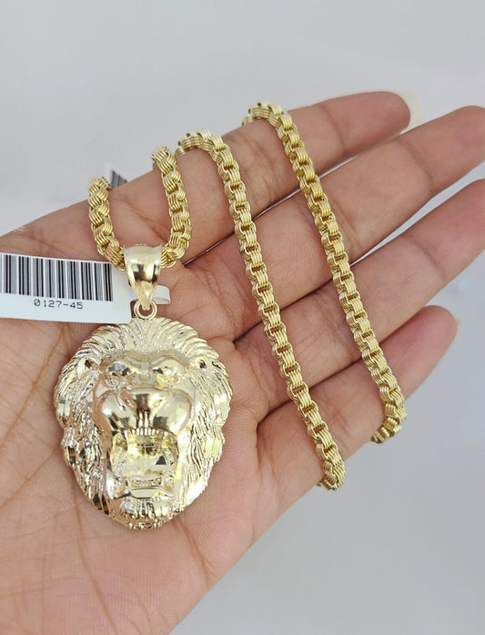 Real 10k Gold Byzantine Necklace Roaring Lion Charm SET Chain 20-30" 3mm Pendant