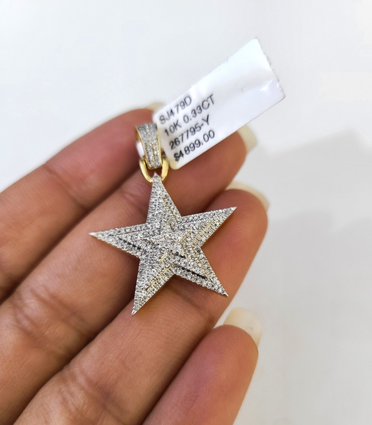 Real 10k Yellow Gold Star Diamond Charm Pendant 1.25'' inch Genuine 10kt