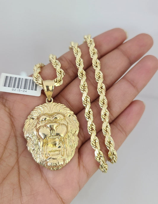 10kt Gold Rope Chain Roaring Lion Pendant Charm Set 18"-30'' Inch 5mm Necklace