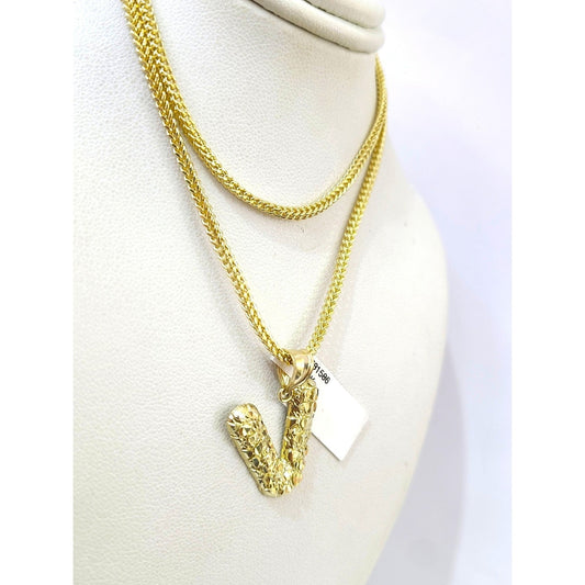 10k Gold Franco Chain 2.5mm 16"-26" V Nugget Initial Charm Pendant Necklace SET