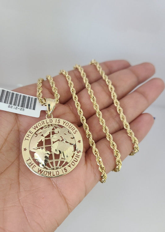 10k Solid Rope Chain World is Yours Charm Pendant 3mm Necklace Set 18"-26" in