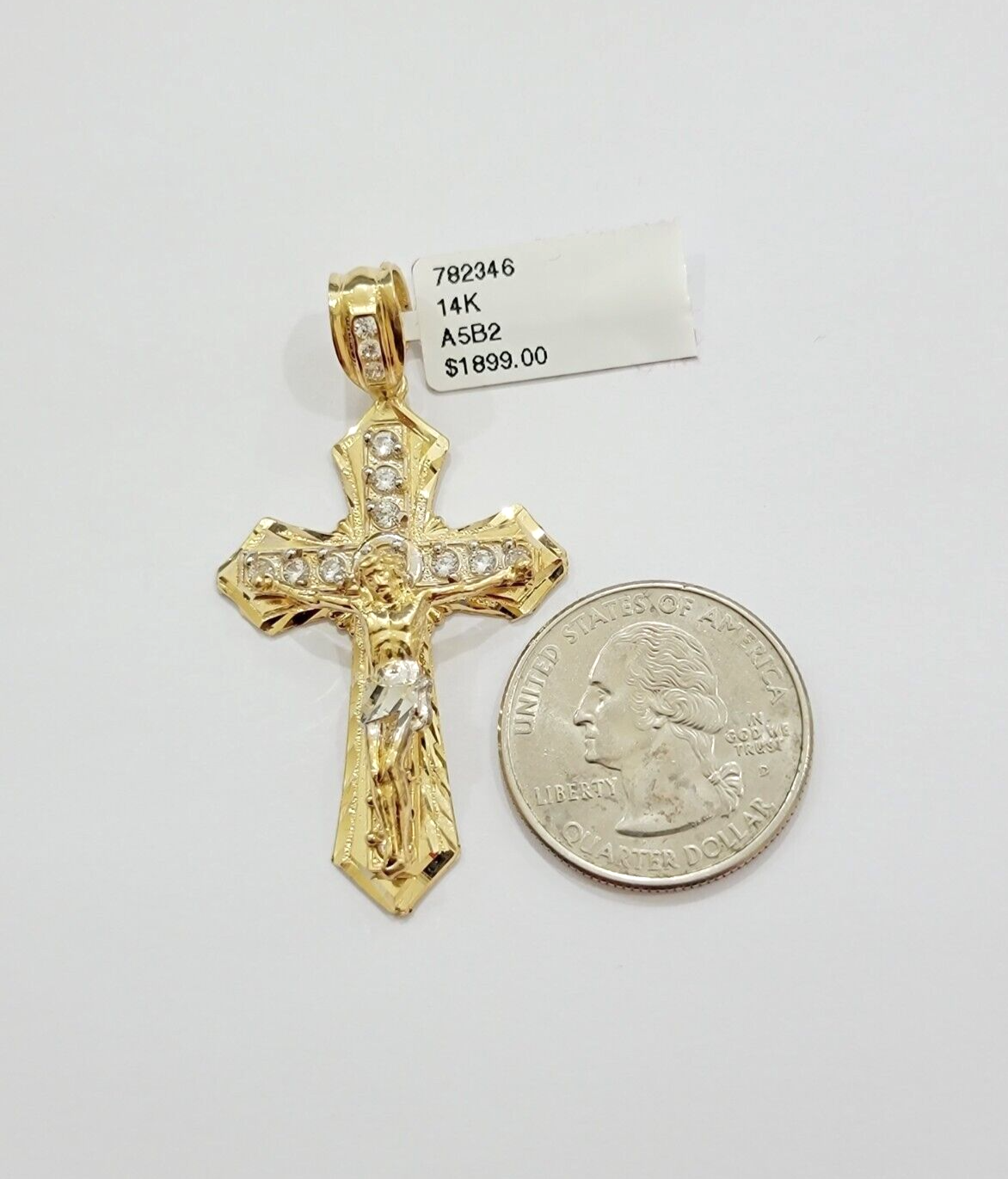 14k Yellow Gold Cross Jesus Crucifix Pendant 2 Inch 14kt CZ Charm Mens REAL 14kt