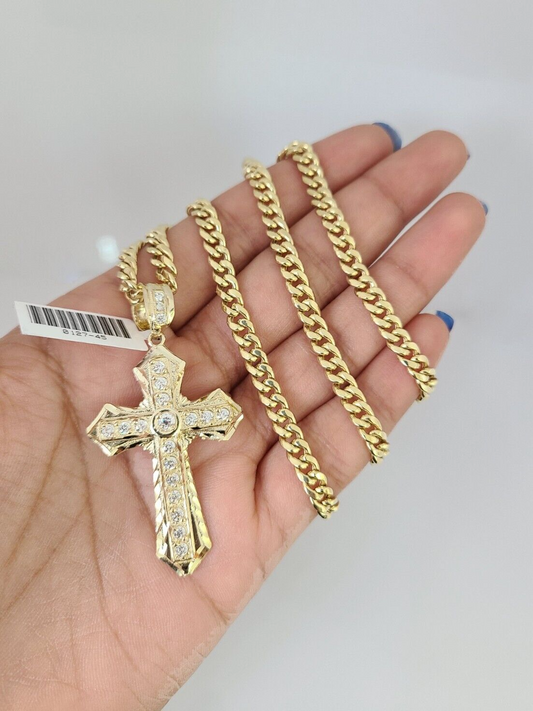 10kt Gold Miami Cuban Chain Jesus Cross Charm Pendant 5mm 18-28Inch Necklace