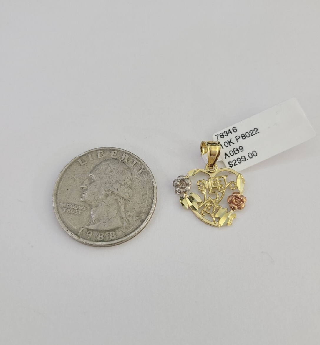 10k Sweet 15 Charm Trio Pendant Rose Yellow White Gold Women REAL