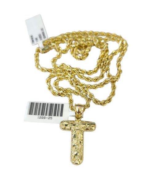 Real 10k Rope Chain Necklace T Nugget Initial Charm 3mm 18"-28" Set Pendant Gold