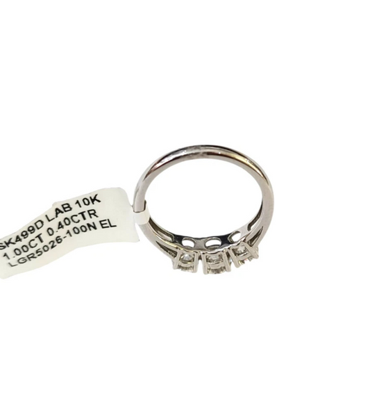 REAL 10k White Gold Diamond Ring Lab Created 3 Stone Wedding Band Women