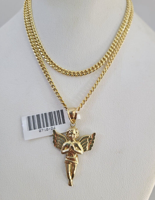 10k Gold Miami Cuban Chain Praying Angel Charm Pendant 3mm 18-28 Inch Necklace