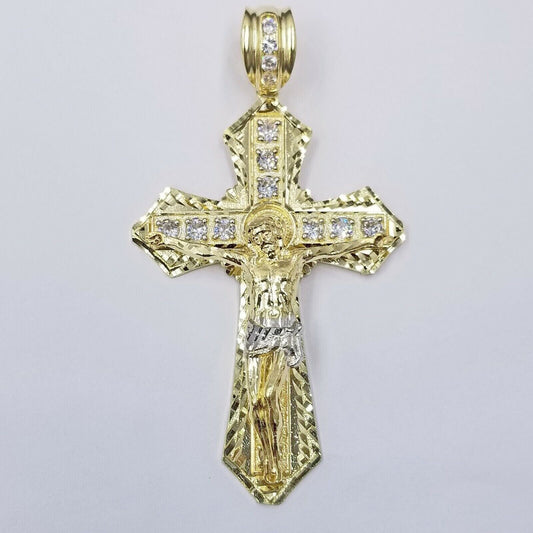 Real 10k Yellow Gold Jesus Cross Charm pendant 3.75" With cubic Zirconia for Men