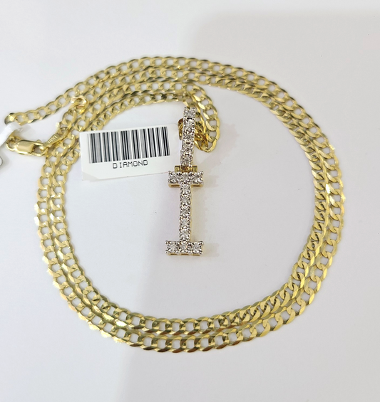 10k Gold Chain Necklace Cuban Curb I Diamond Initial Pendant Set 3mm 20"-30"
