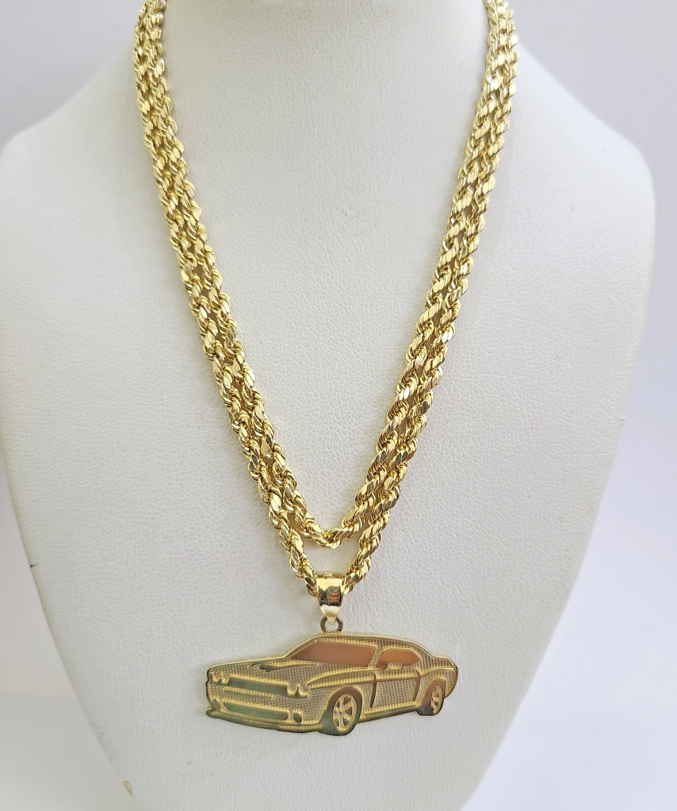 REAL 10k Rope Chain Car Challenger Charm Pendant 3mm Necklace Set 18"-28" in