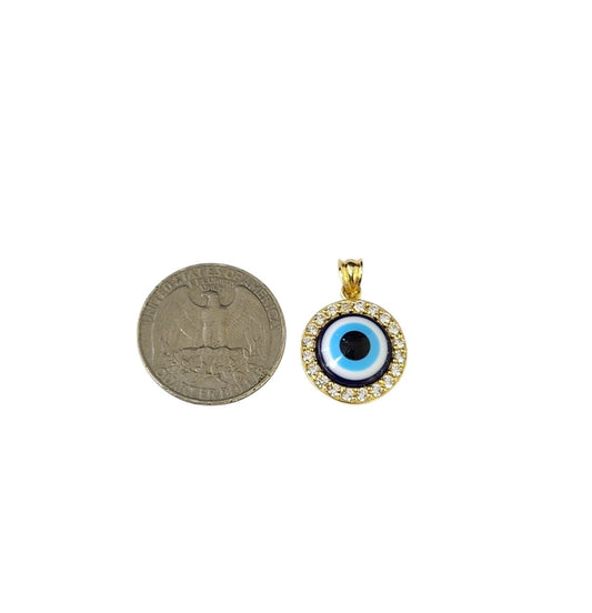 10K Yellow Gold Evil Eye Pendant Blue Nazar CZ Halo Round Charm Protection