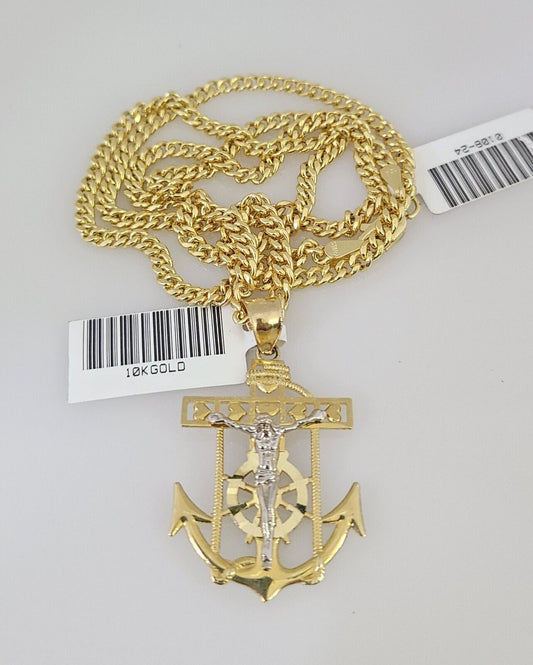 10k Gold Miami Cuban Necklace Jesus Anchor Pendant Charm 3mm 18-28 Inch Chain