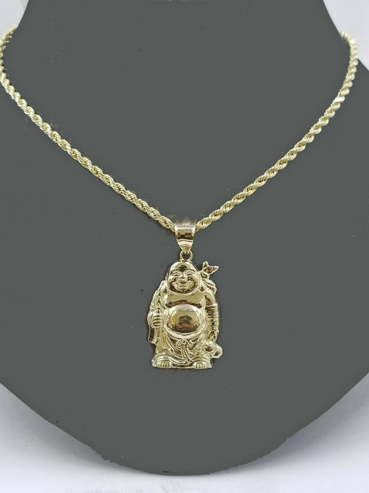 10k Gold 3mm Rope Chain Laughing Buddha Charm Pendant in 18 20 22 24 26 28 Inch