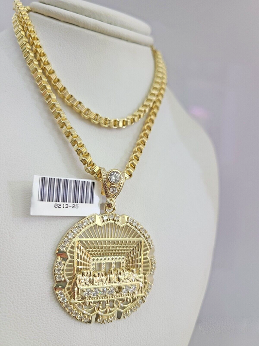 Real 10k Gold Byzantine Necklace Last Supper Charm SET Chain 20-30" 3mm Pendant