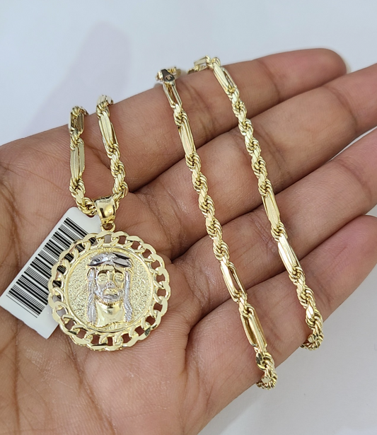 10k Milano Rope Chain Jesus Head Charm Necklace SET 3mm 18"-26" Pendant