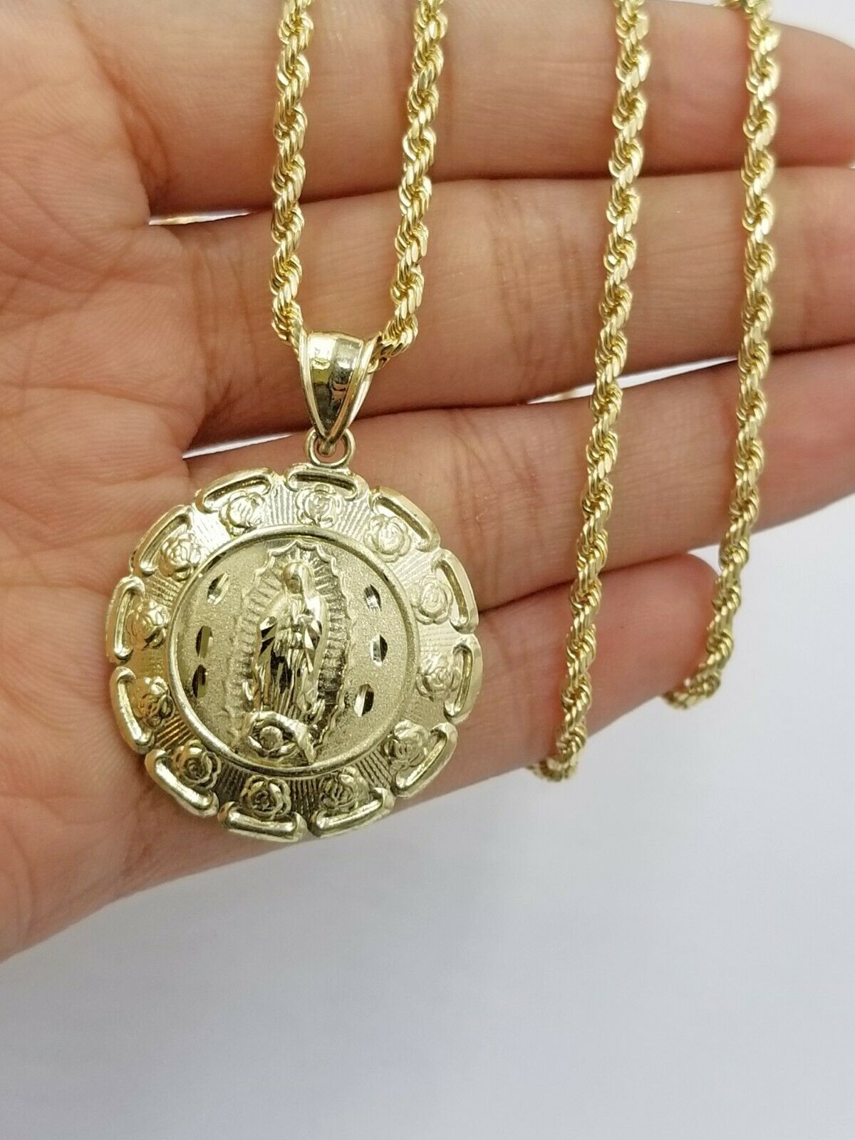 10k Yellow Gold Virgin Marry, Jesus Head Charm two tone Diamond Cut Pendant Real