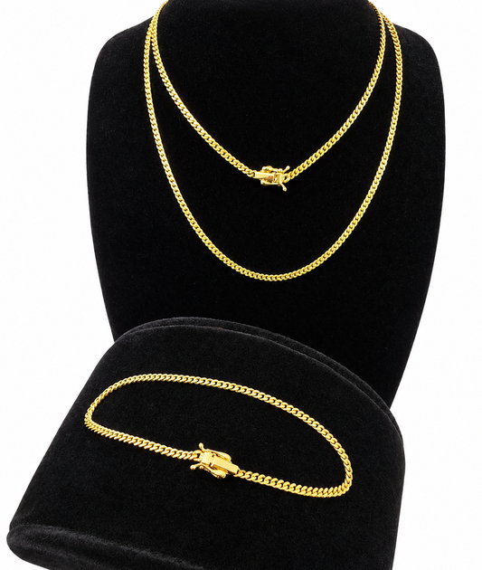 10k Solid Gold Miami Cuban Chain Bracelet Set 2mm 18"-24" Men Women Necklace
