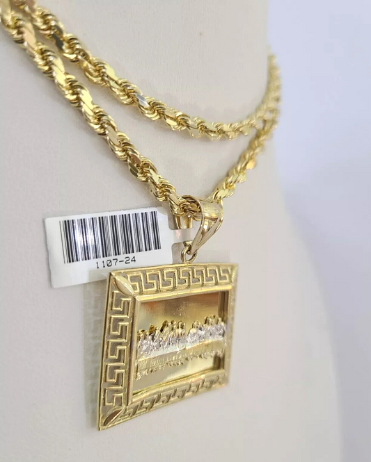 10kt Solid Gold Rope Chain Last Supper Charm Pendant 20-28'' Inches Necklace 4mm