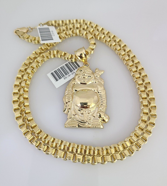 Real 10k Gold Byzantine Necklace Laughing Buddha Charm SET Chain 20"-30" 4mm