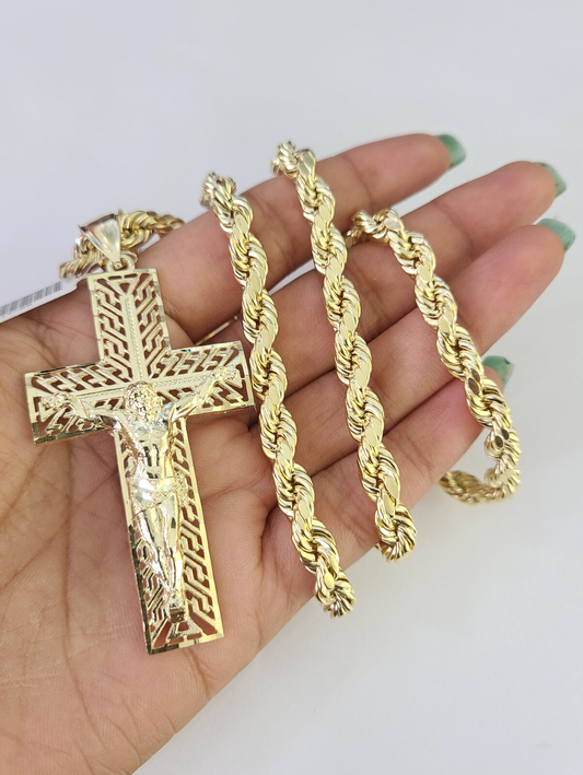 10k Rope Chain Jesus Cross Charm Pendant Gold 18"-30'' Inch 7mm Necklace