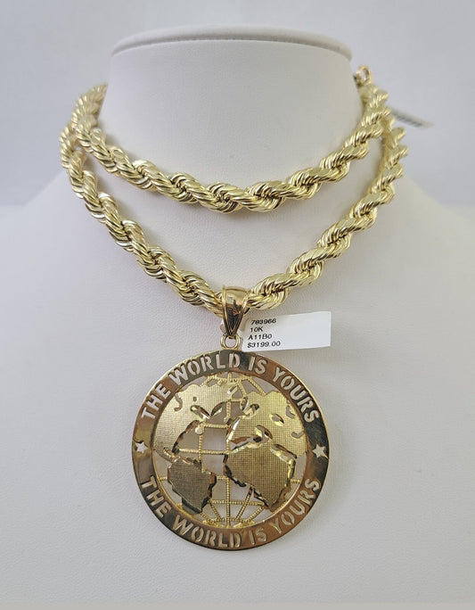 REAL 10k Gold Rope Chain World is Yours Charm Pendant SET Necklace 8mm 18-30''