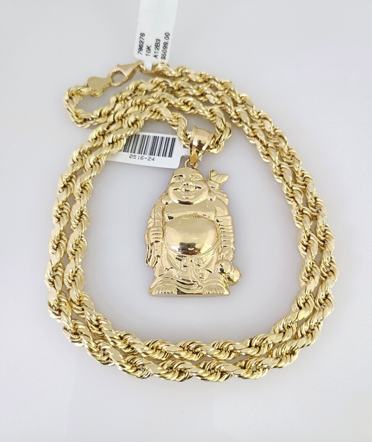 10kt Gold Rope Chain Laughing Buddha Pendant Set 18"-30'' Inch 6mm Necklace