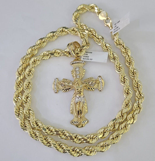 10k Gold Rope Chain & Cross Charm Pendant Mens 10kt Yellow Gold 8mm 26" Necklace