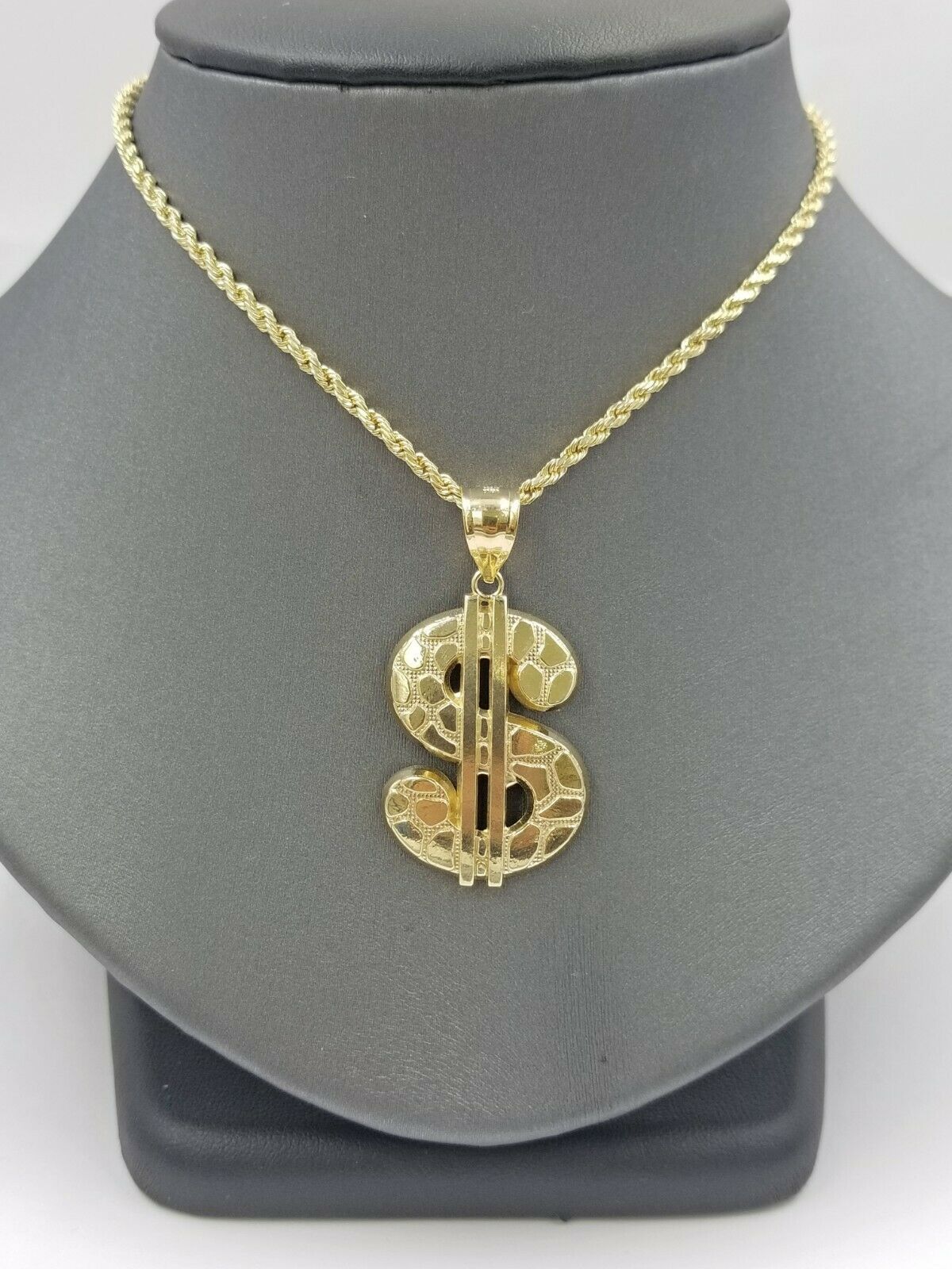 10k Real Yellow Gold Dollar sign $ Charm Nugget Cut Pendant For Lucky Men Women