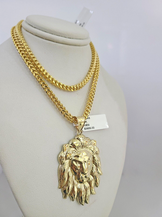 10k Yellow Gold Franco Chain Roaring Lion Charm Pendant 4mm 18-28 Inch Necklace