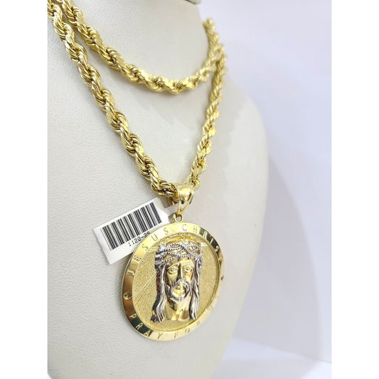 Real 10k Rope Chain Jesus Christ Charm Necklace Pendant Set 6mm 20"-28" Gold