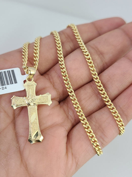 10k Gold Miami Cuban Chain Jesus Cross Charm Pendant 3mm 18-28 Inch Necklace Set