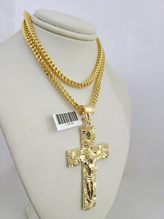 10k Yellow Gold Franco Chain Nugget Cross Charm Pendant 4mm 18-28 Inch Necklace