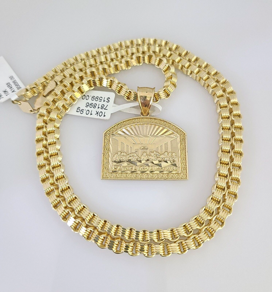 Real 10k Gold Byzantine Necklace Last Supper Charm SET Chain 20"-30" 4mm