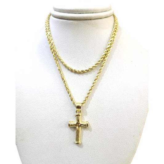 Real Gold 10k Rope Chain Cross Charm Necklace Pendant Set 2mm 16"-26" Gold